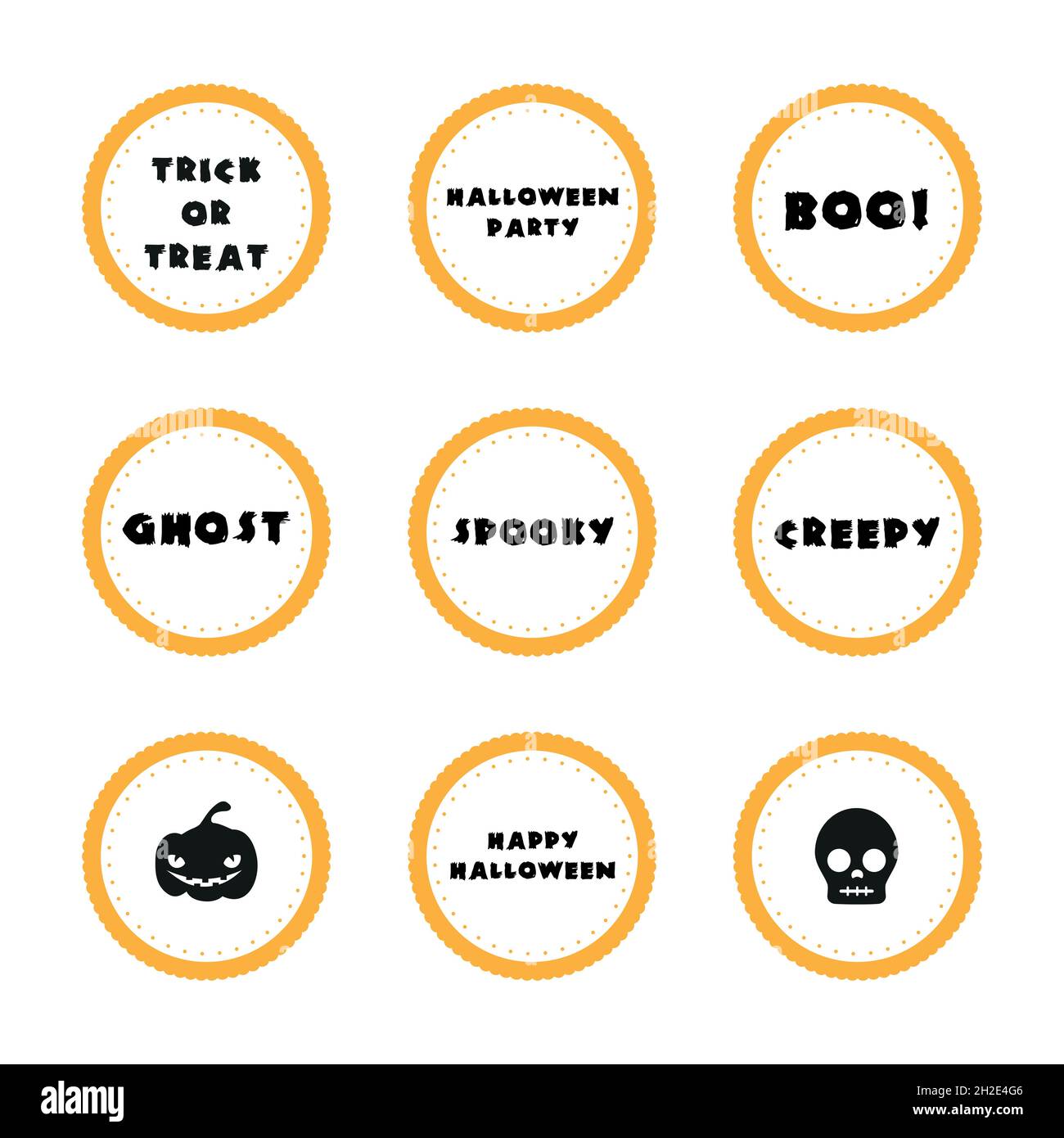 Etikettensammlung. Halloween-Ausdrücke. Scallop Circles Tags. Vektorgrafik, flaches Design Stock Vektor