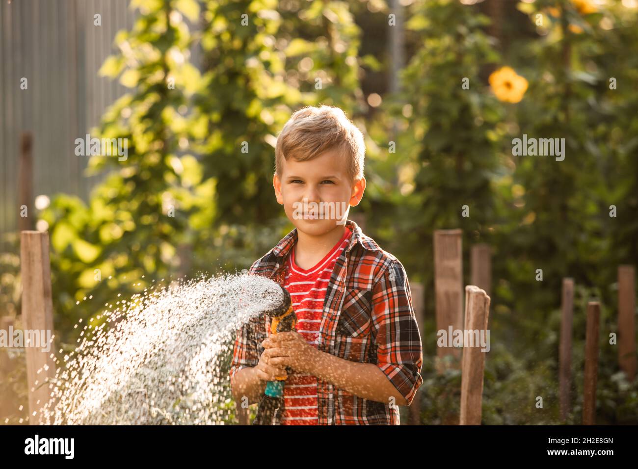 Der kleine Junge wäscht die Pflanzen und macht große Wasserspritzer Stockfoto