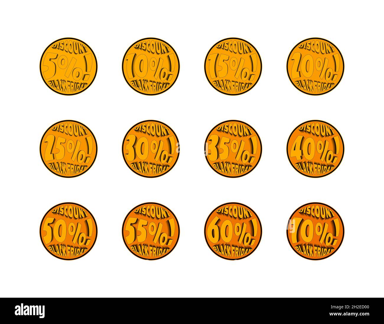 Symbole für „Black friday“-Rabatte gesetzt. Gelbe Ballons mit 5, 10, 15, 20, 25, 30, 35, 40, 45, 50, 55, 60 und 70 Prozent Rabatt Zeichen. Rabatte, shoppin Stockfoto