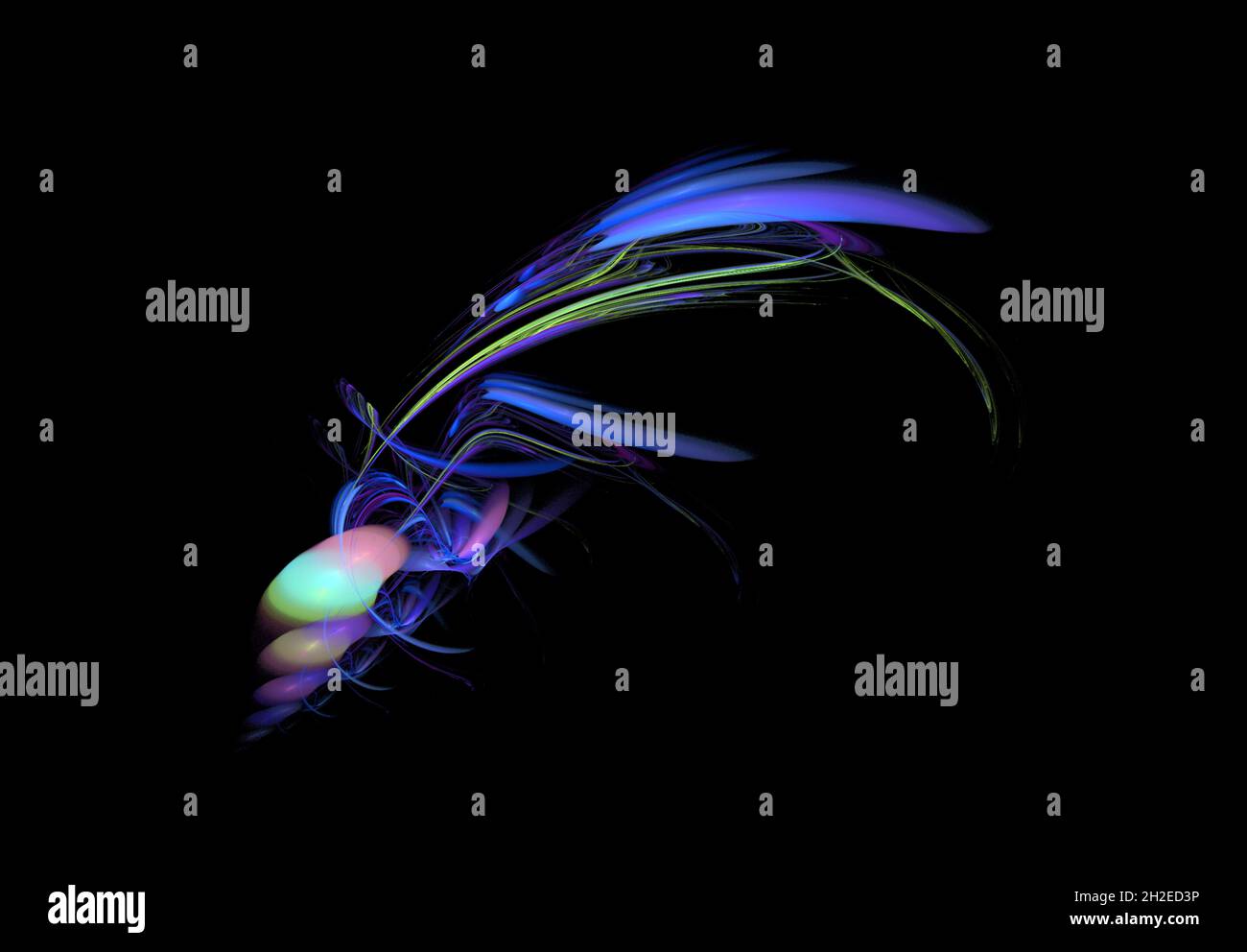 Helle grafische Zeichnung auf schwarzem Hintergrund, blaue Krabbe, abstraktes Design, Rendering Stockfoto