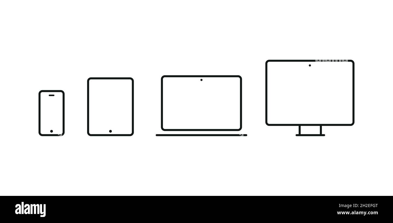 Gerätesymbole: Smartphone, Tablet, Laptop und Desktop-Computer. Vektorgrafik, flaches Design Stock Vektor