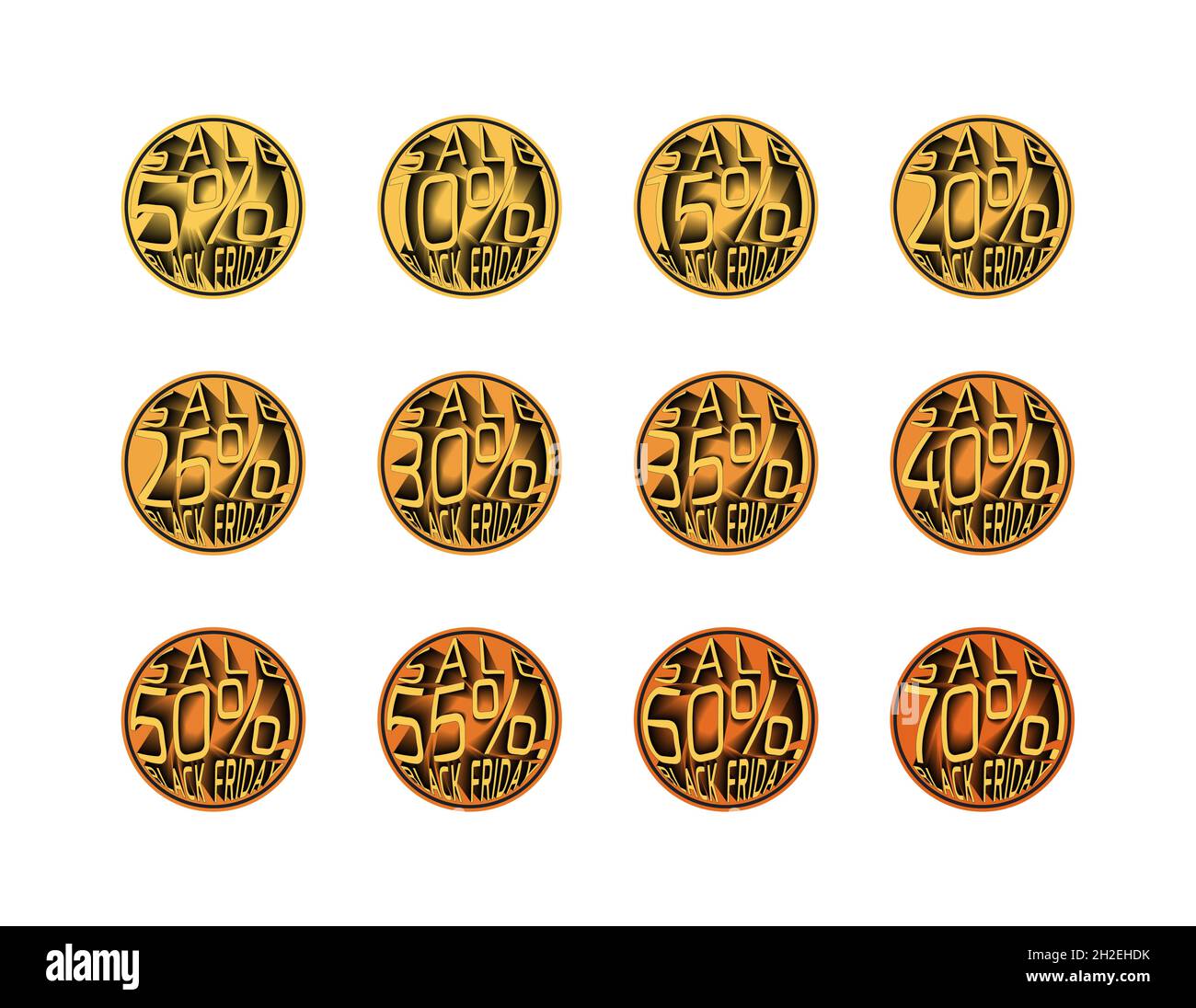 Symbole für „Black friday“-Rabatte gesetzt. Gelbe Ballons mit 5, 10, 15, 20, 25, 30, 35, 40, 45, 50, 55, 60 und 70 Prozent Rabatt Zeichen. Rabatte, shoppin Stockfoto
