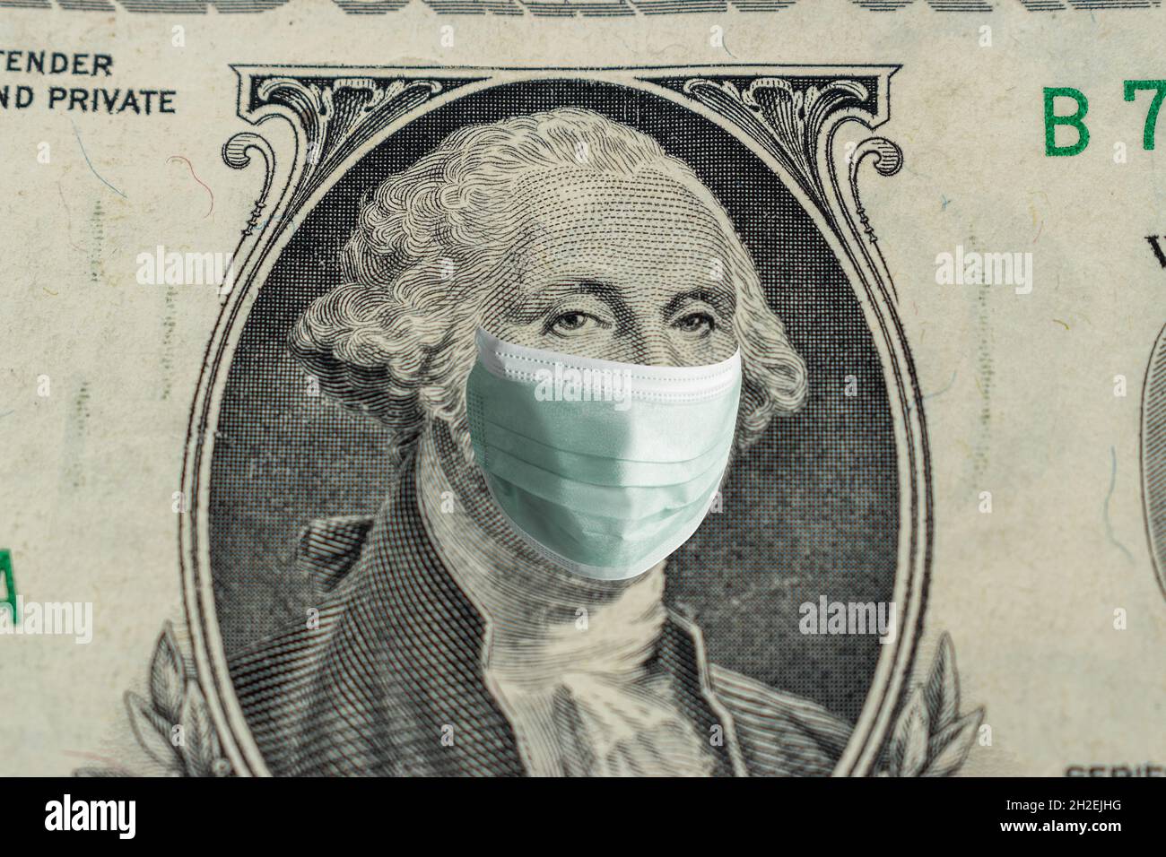 Eine Dollar Bancnote mit medizinischer Maske auf einem Gesicht von Washingtone. Epidemic Virus 2019-nCoV Respiratory Syndrome. Medizinkonzept. Stockfoto