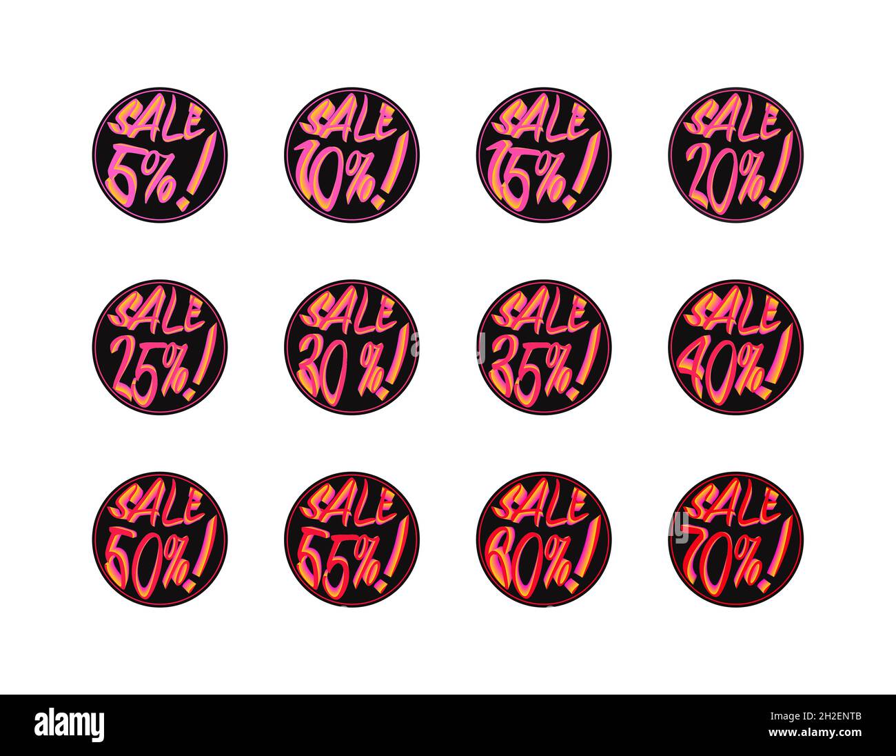 Rabattsymbole eingestellt. Schwarze Ballons mit 5, 10, 15, 20, 25, 30, 35, 40, 45, 50, 55, 60 und 70 Prozent Rabatt Zeichen. Rabatte, Einkaufen. Stockfoto