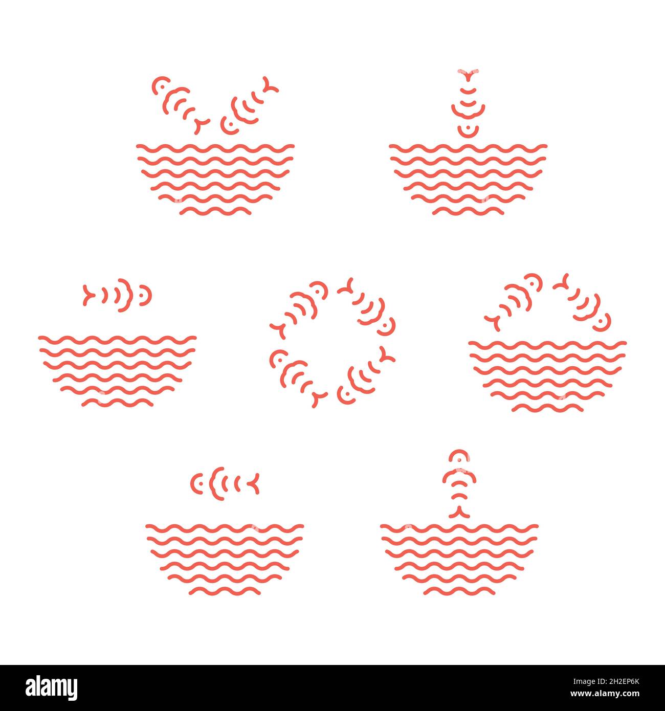 Poke Bowl-Logos im linearen Stil. Fische springen von den Wasserwellen. Fisch Ramen Nudeln Suppenschüssel Symbole Stock Vektor