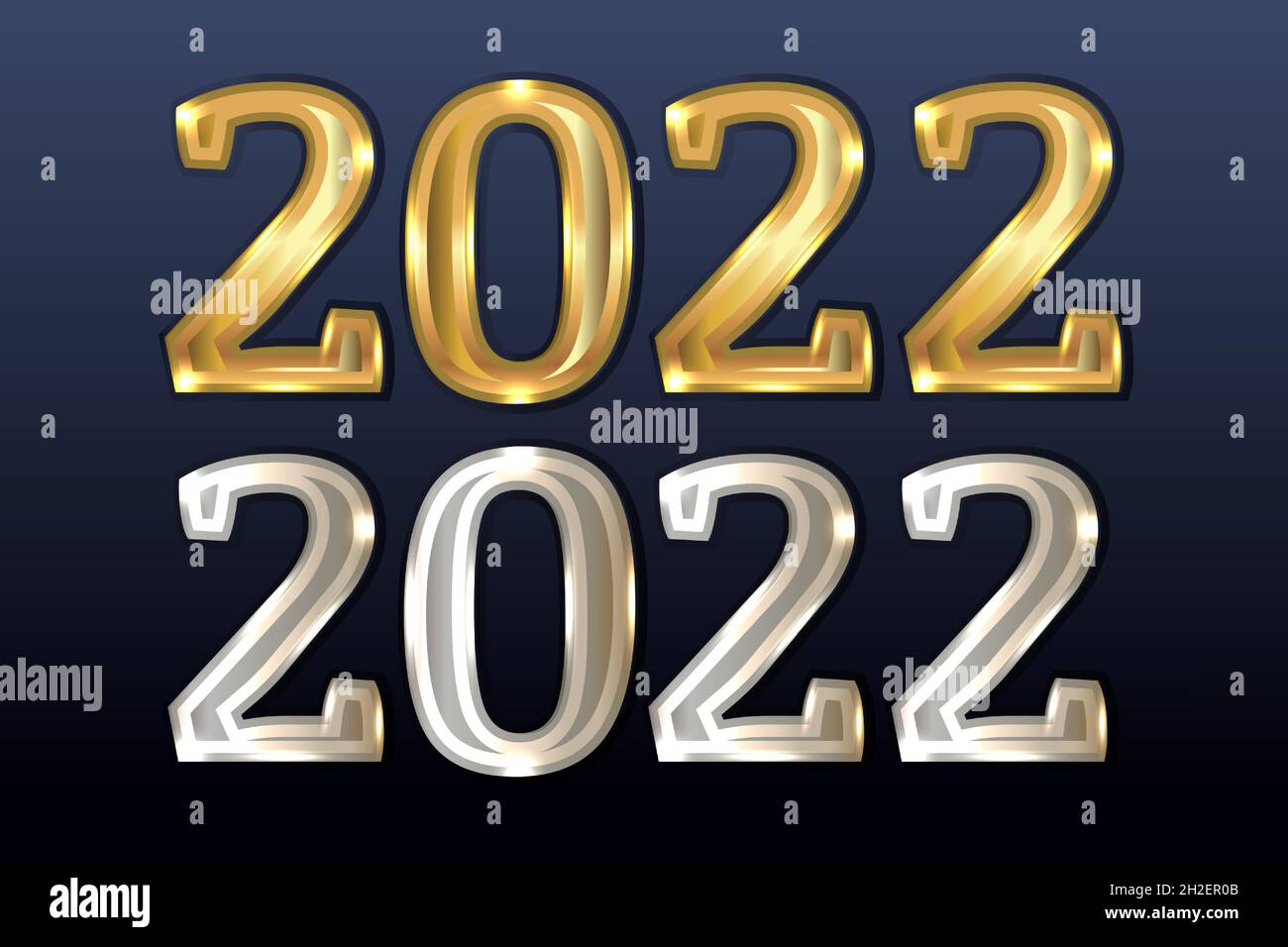 Ein Satz von Metallnummern 2022, ein Symbol für das neue Jahr. Layouts für Weihnachtskarten. Farben aus Gold und Silber. Auf blauem Hintergrund. Realisti Stock Vektor