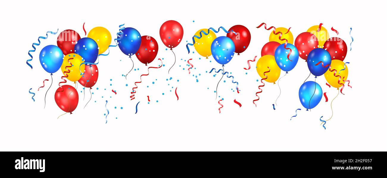 Banner mit gelben, roten und blauen Weihnachtsballons. Festliche Luftballons und Konfetti auf weißem Hintergrund für Design-Poster, Tickets, Web, Broschüre, Rohlinge a Stock Vektor