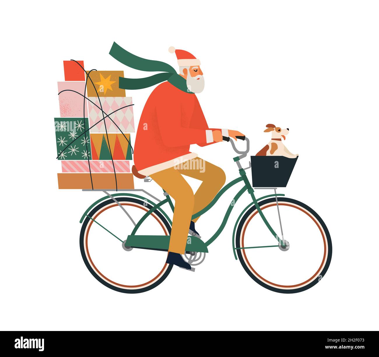 Ein älterer Mann, der als Weihnachtsmann gekleidet ist, fährt mit Geschenken und Hund auf dem Fahrrad. Weihnachtspostkarte. Vertikales Banner für den Winter. Vektorgrafik flach Stock Vektor