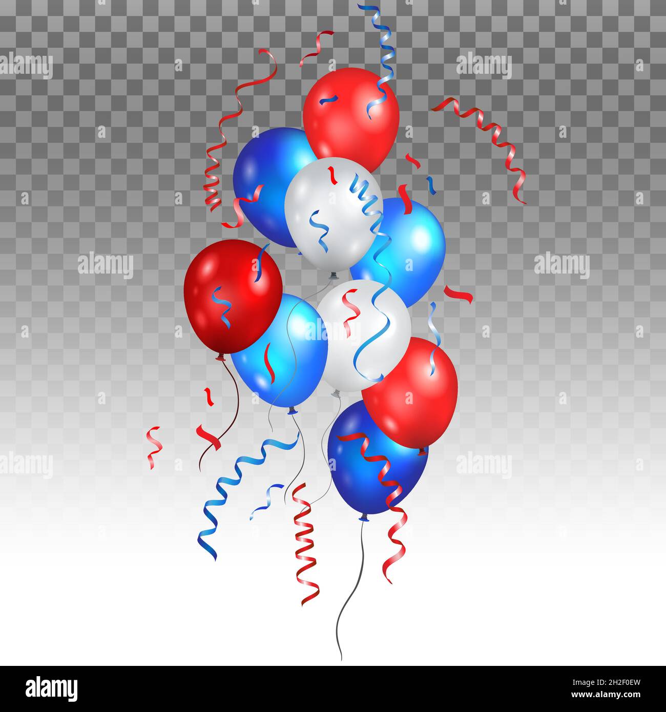 Farbe Urlaub Luftballons Haufen in traditionellen Farben - rot, weiß, blau. Festtagsballons auf transparentem Banner. Stock Vektor