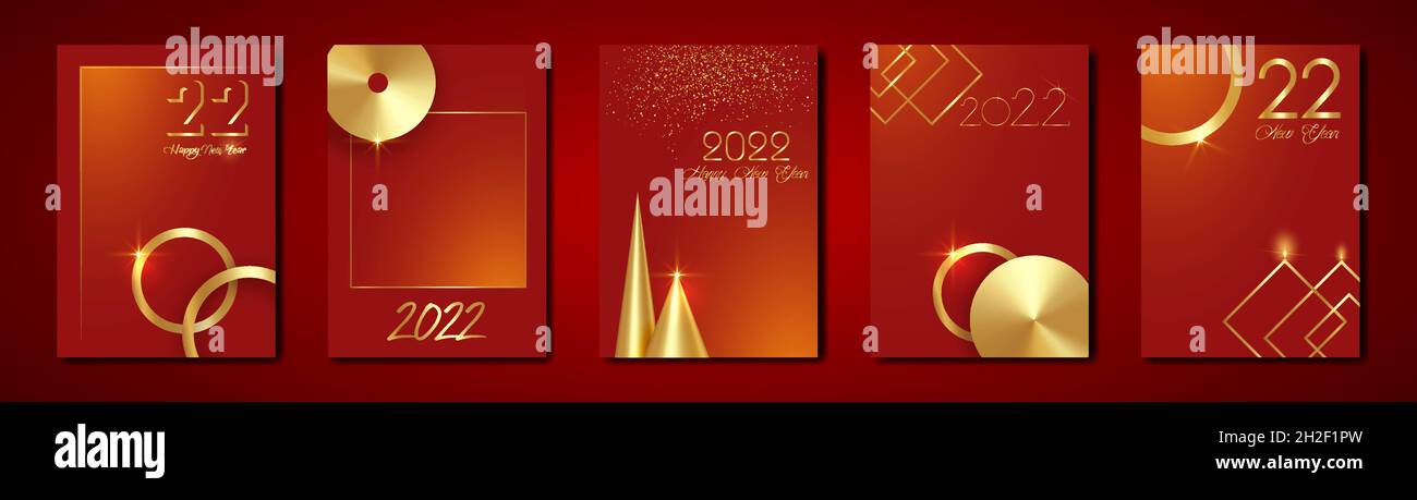 Set Cards 2022 Happy New Year Gold Textur, goldener Luxus rot moderner Hintergrund, Elemente für Kalender und Grußkarte oder Weihnachten themed Winter Stock Vektor