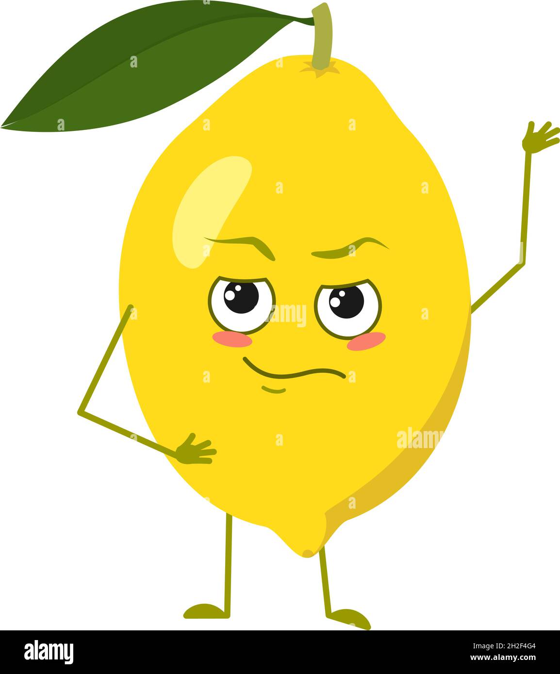 Niedliche Zitronenfiguren mit Emotionen, Gesicht, Armen und Beinen. Dekoration im Frühling oder Sommer. Der lustige oder stolze, dominierende Zitrusheld, gelbe Frucht. Vektorgrafik flach Stock Vektor