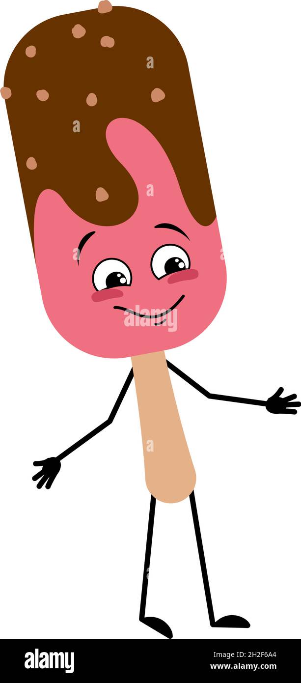 Süßes Eis mit fröhlichen Emotionen, lächelndes Gesicht, glückliche Augen, Arme und Beine. Süße kalte Speisen, Dessert Popsicle Stock Vektor