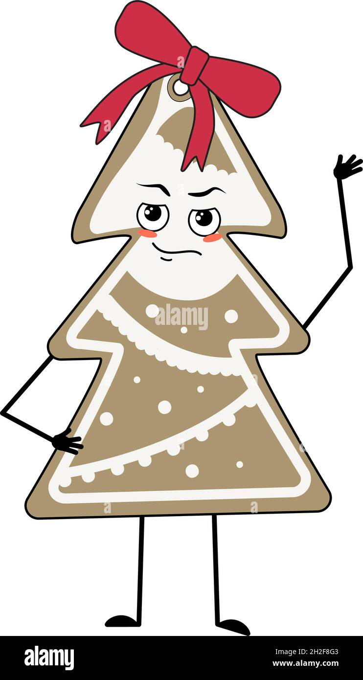 Niedlicher Charakter von Lebkuchen Cookie in Form eines Weihnachtsbaums mit Emotionen, Gesicht, Armen und Beinen. Frohes neues Jahr Süßigkeiten, lustig oder stolz, dominierenden Helden. Feiertagsdekoration mit Schleife Stock Vektor