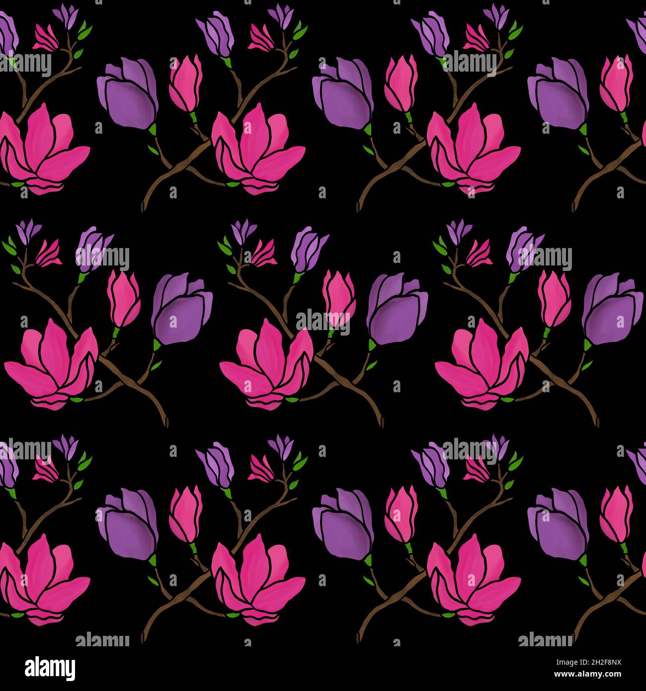 Nahtloses Aquarell florales Oberflächenmuster mit Magnolienblumen für Textildesign, Heimtextilien, Tapeten und digitale Hintergründe. Stockfoto