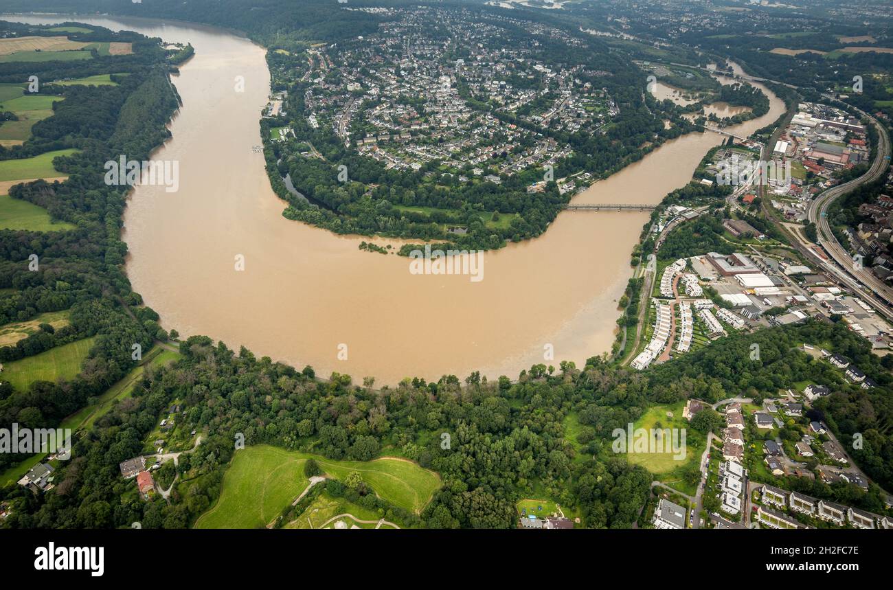 Luftaufnahme, Ruhrflut, Hochwasser, Ruhrboden Heisingen, Kupferdreh ...
