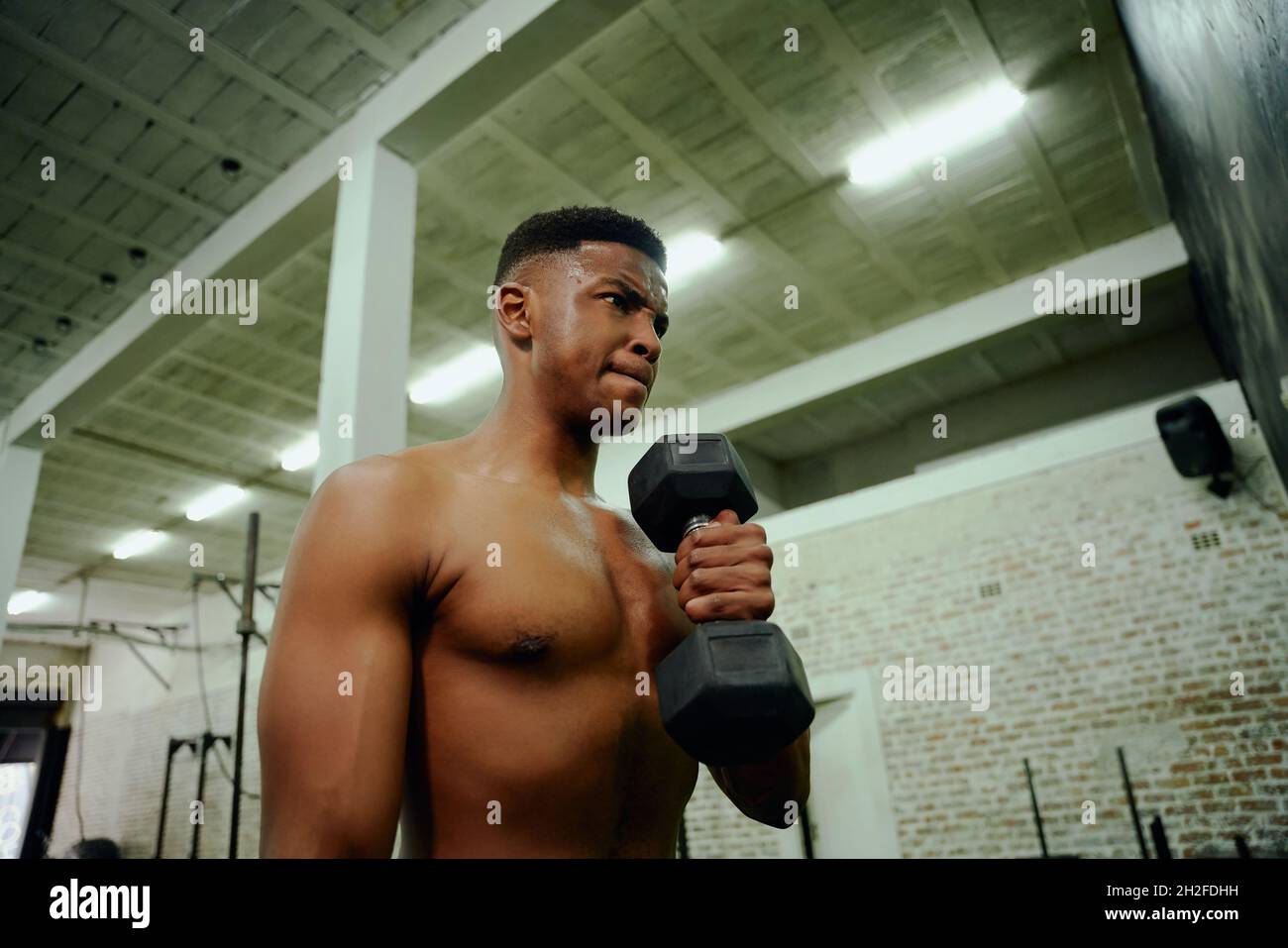 Afroamerikanischer Mann mit Gewichten während eines intensiven Workouts. Männlicher Athlet, der sich im Sportspiegel ansieht, während er Hanteln hebt. Hoch Stockfoto