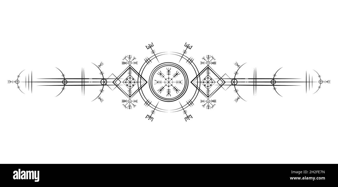 Magischer alter wikinger Art deco, Vegvisir magischer Navigationskompass uralt. Die Wikinger verwendeten viele Symbole in Übereinstimmung mit der nordischen Mythologie Zeichen Stock Vektor