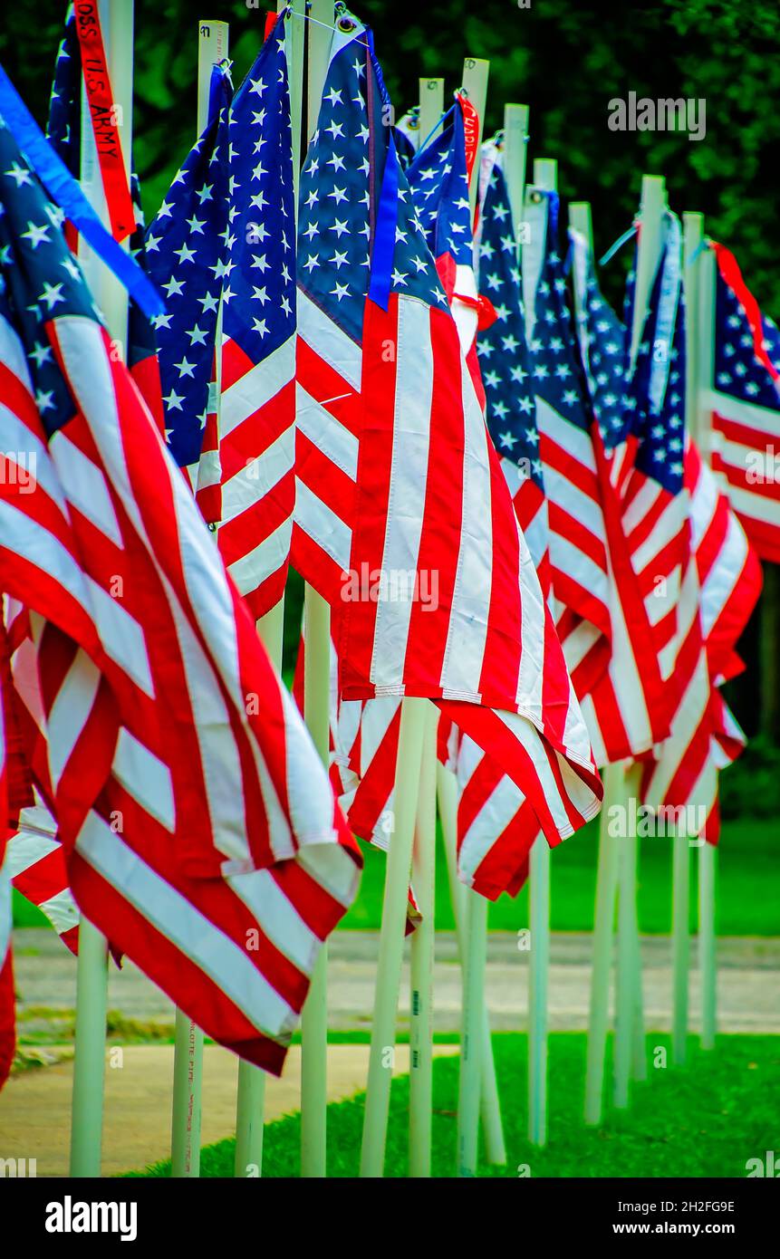 Amerikanische Flaggen sind in einer Straßenanzeige für den 4. Juli, den 3. Juli 2021, in Grand Bay, Alabama, gruppiert. Stockfoto