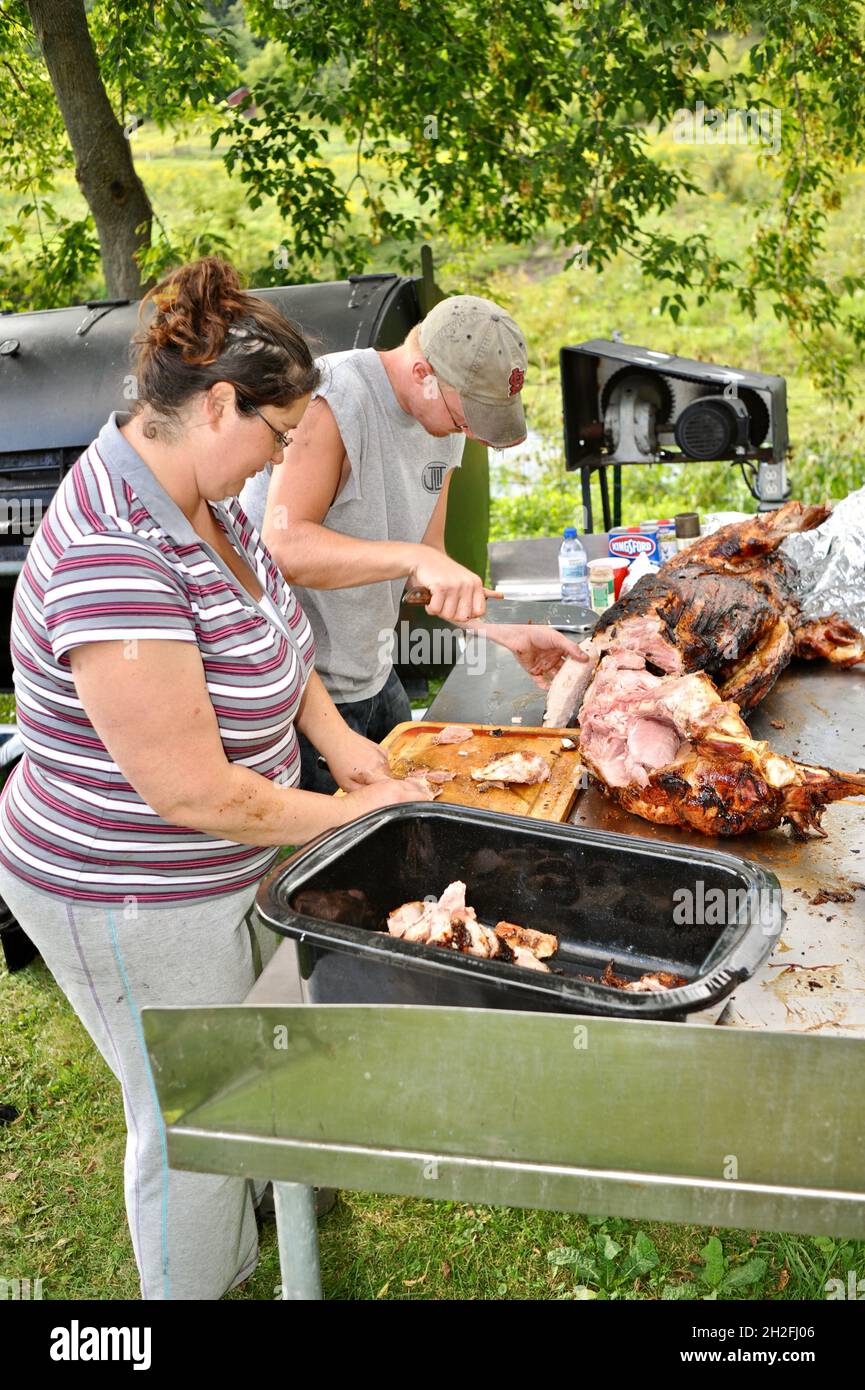 Schneiden und Schnitzen von Spieß-gebratenem Vollschwein auf einer Farm im Mittleren Westen, Blanchardville, Wisconsin, USA Stockfoto