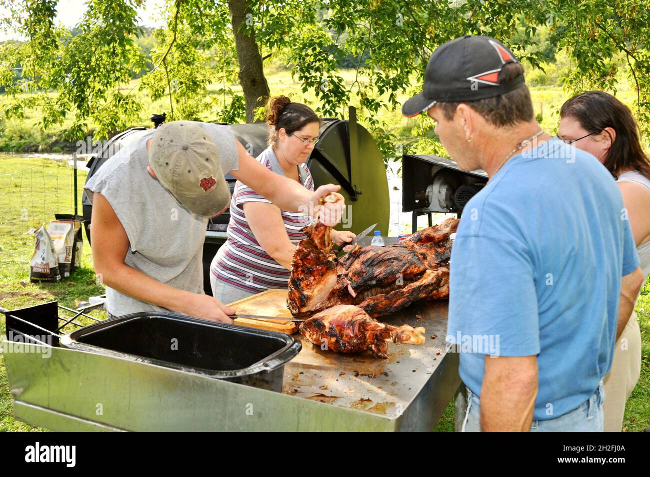 Schneiden und Schnitzen von Spieß-gebratenem Vollschwein auf einer Farm im Mittleren Westen, Blanchardville, Wisconsin, USA Stockfoto