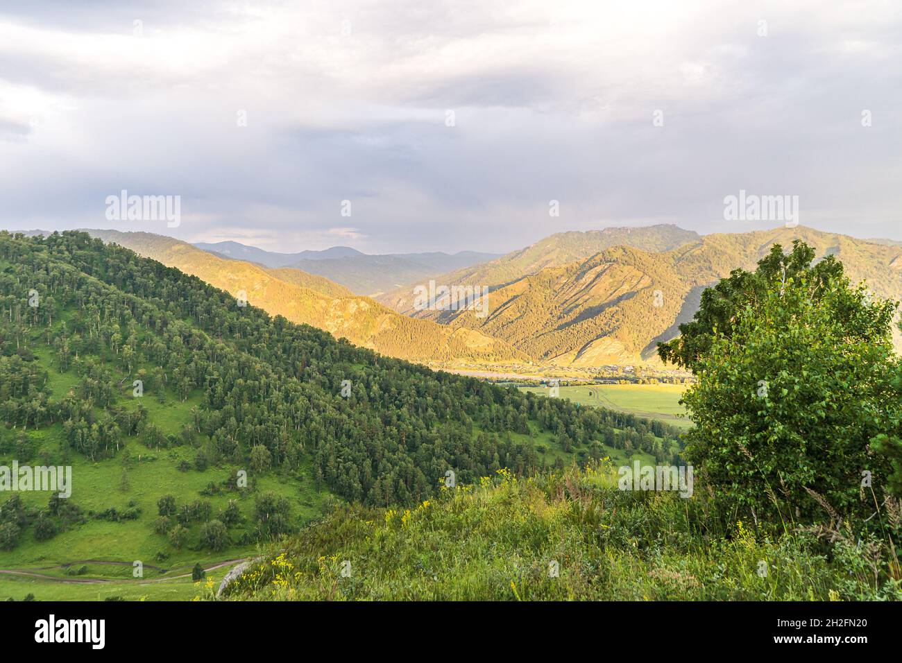 Morgenansicht von einem Hügel zum Tal des Flusses Katun in der Nähe des Dorfes Ayula, Chemalsky Bezirk Stockfoto
