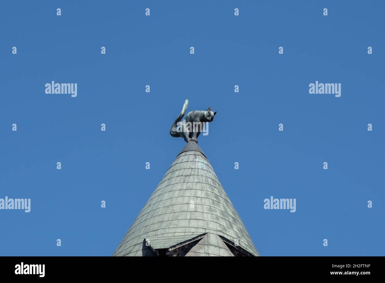Detail der Katzenskulptur im Cat House - Jugendstil-Architekturgebäude in Riga - Riga, Lettland Stockfoto