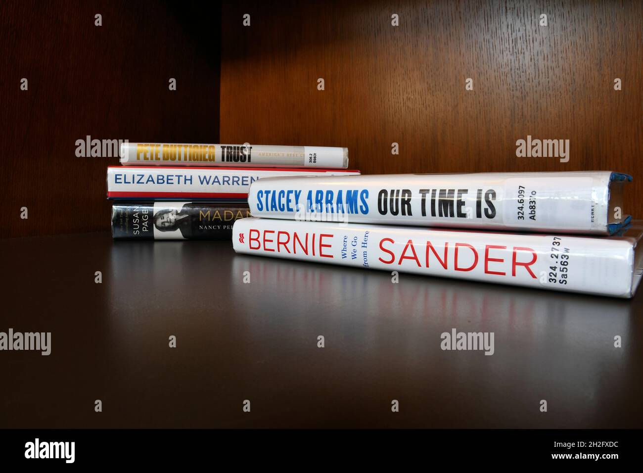 Bibliotheksbücher von und über liberal-demokratische amerikanische Politiker: Pete Buttigieg, Stacey Abrams, Nancy Pelosi, Bernie Sanders, Elizabeth Warren. Stockfoto