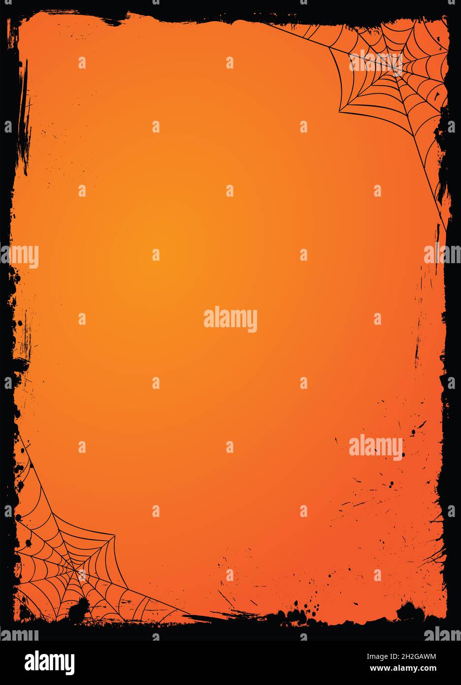 Die horizontale leere Farbverlauf orange Halloween Banner Hintergrund Vorlage mit Schwarzer Grunge Rand und Spinnennetz Stockfoto