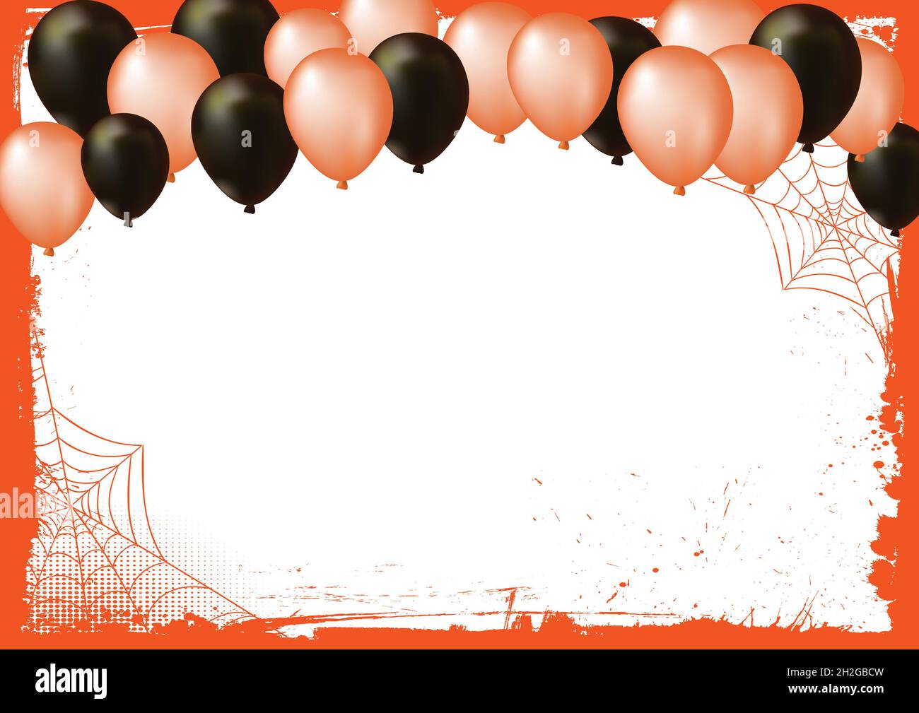 Der horizontale leere Halloween Banner Hintergrund mit Luftballons und Spinnennetz Stockfoto
