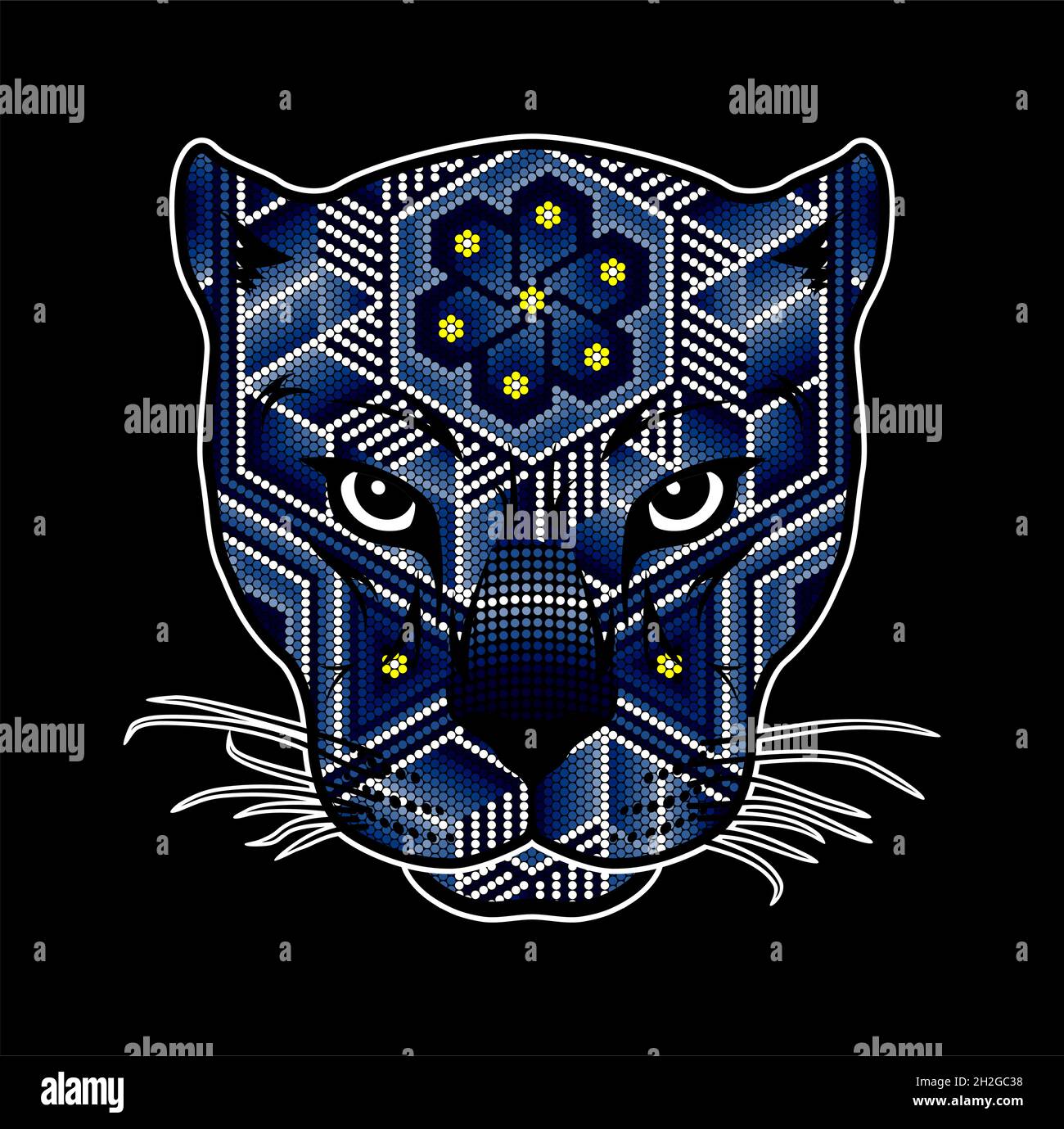 vektor-Illustration von bunten Perlen wilden Katzenkopf, der ein jaguar, Puma, Leopard, etc. In mexikanischen huichol Kunst inspiriert sein könnte. Isoliert auf blac Stock Vektor