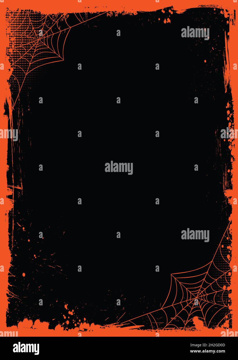 Der Vector vertikale Halloween Banner blank schwarz Schablone Hintergrund mit Grunge orange Rand und Spinnennetz Stockfoto