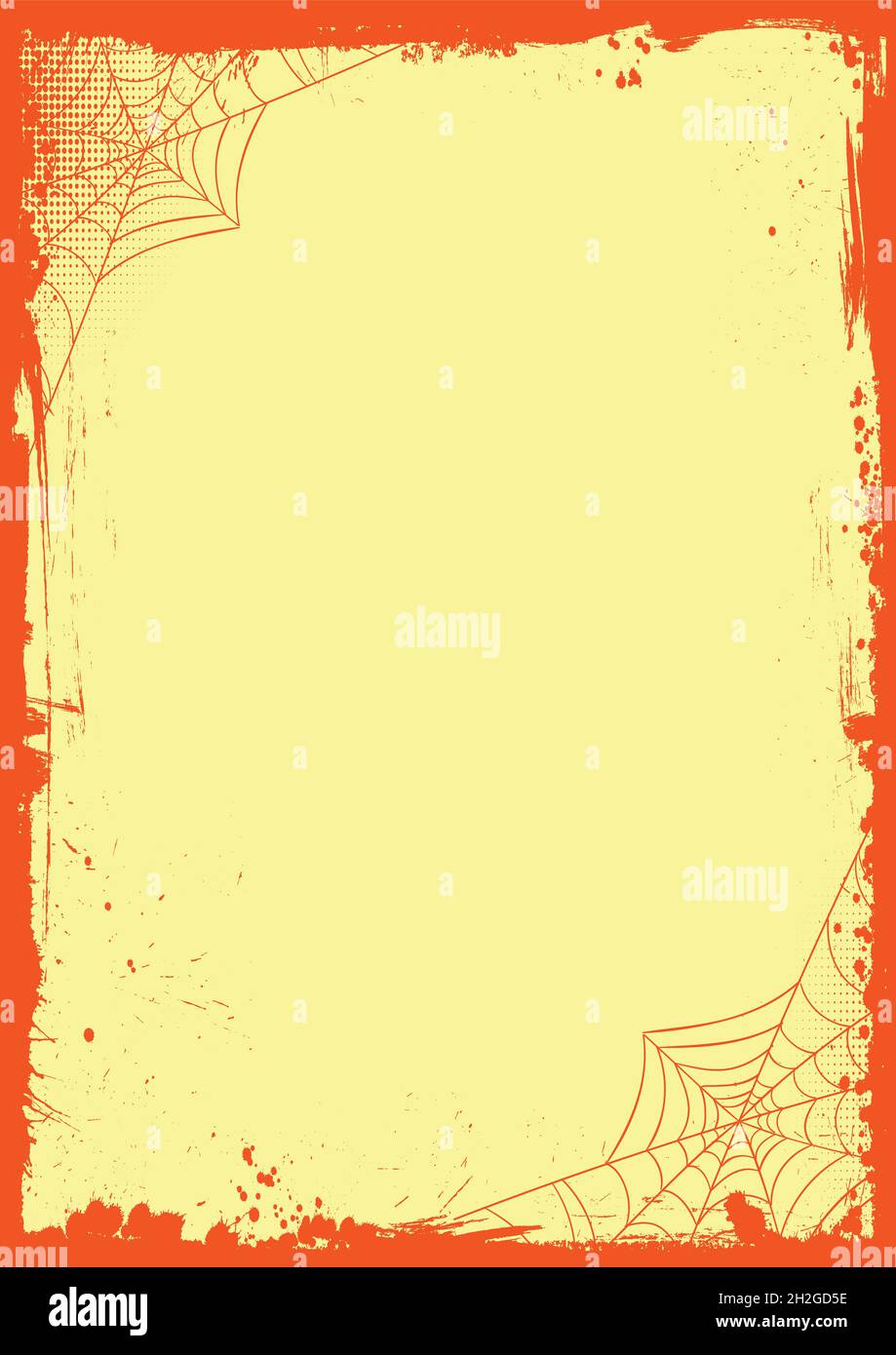 Der Vector vertikale Halloween Banner blank gelb Schablone Hintergrund mit Grunge orange Rand und Spinnennetz Stockfoto