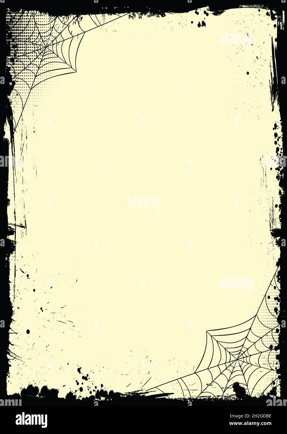 Der Vector vertikale Halloween Banner blank gelb Schablone Hintergrund mit Grunge schwarzen Rand und Spinnennetz Stockfoto