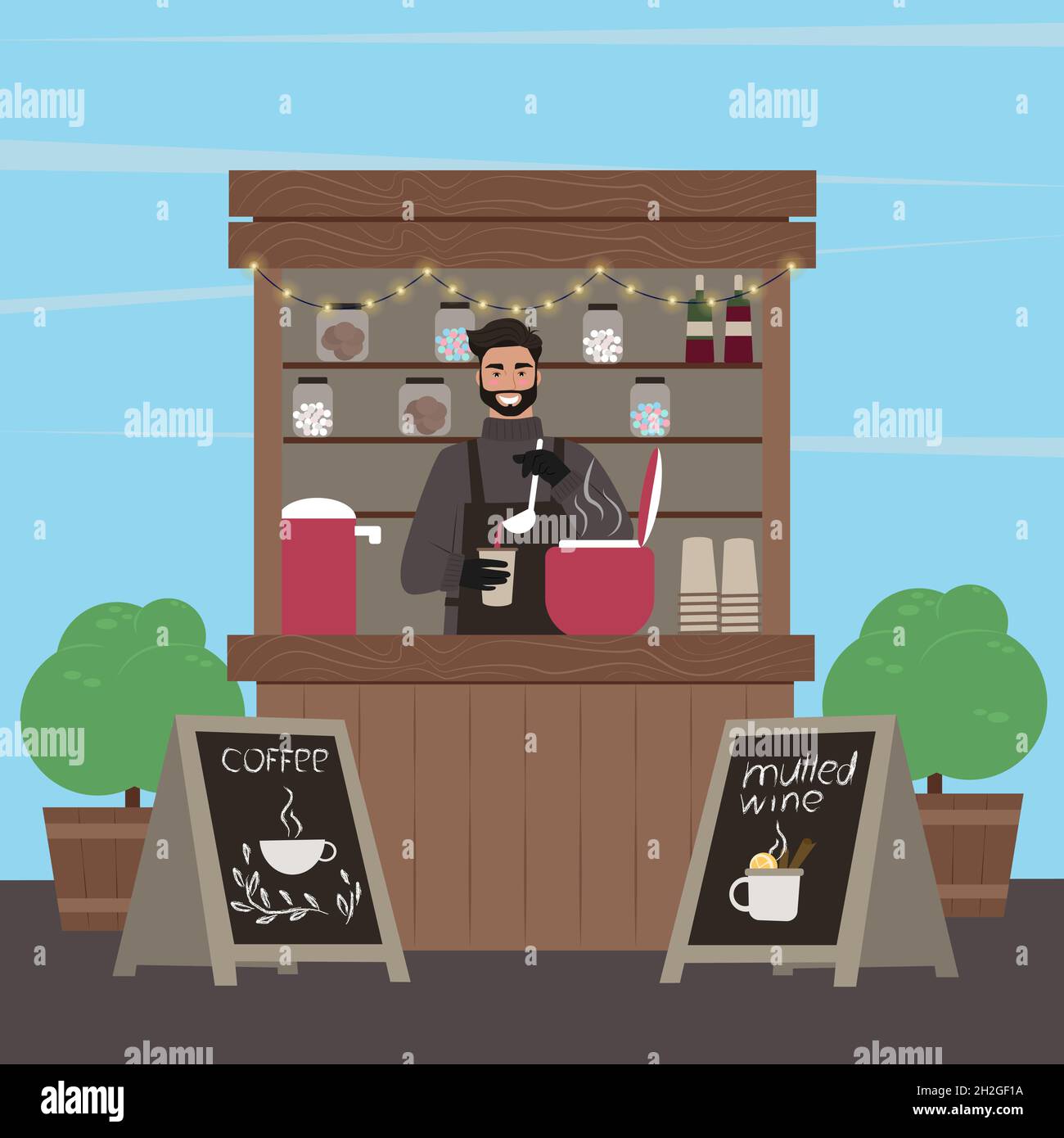 Stallschalter. Der Typ verkauft Glühwein. Heiße Getränke. Vektorgrafik Stock Vektor