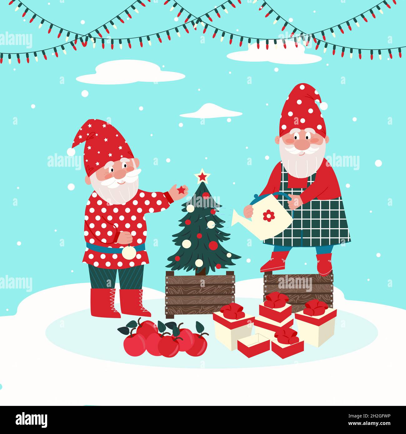 Zwei Zwerge schmücken einen Weihnachtsbaum. Vektor-Figuren in flachen Stil, Cartoon. Stock Vektor