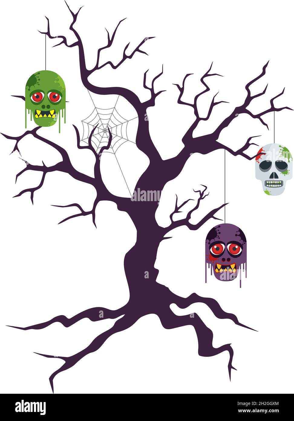 Zombie-Köpfe hängen an einem knarrigen trockenen Baum. Stock Vektor