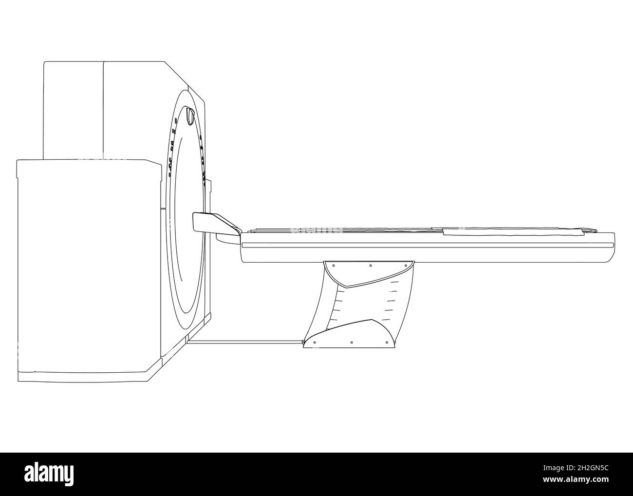 Kontur eines medizinischen Tomographen aus schwarzen, auf weißem Hintergrund isolierten Linien. Seitenansicht. Vektorgrafik Stock Vektor