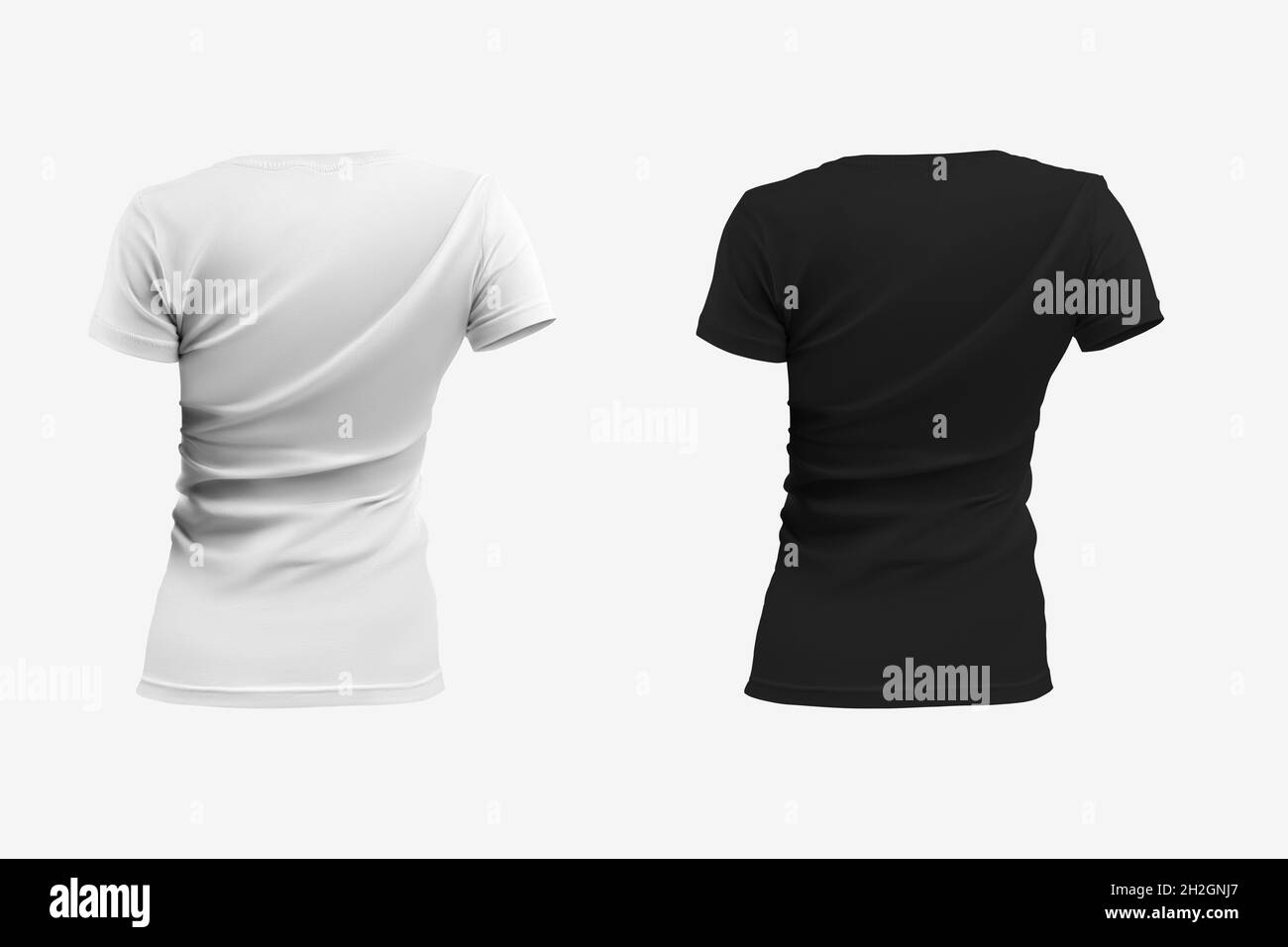 Stylische Damenmode Vorlage, Rückansicht, weißes, schwarzes T-Shirt, isoliert auf Hintergrund. Mockup von modischen leeren Kleidern für die Präsentation von des Stockfoto