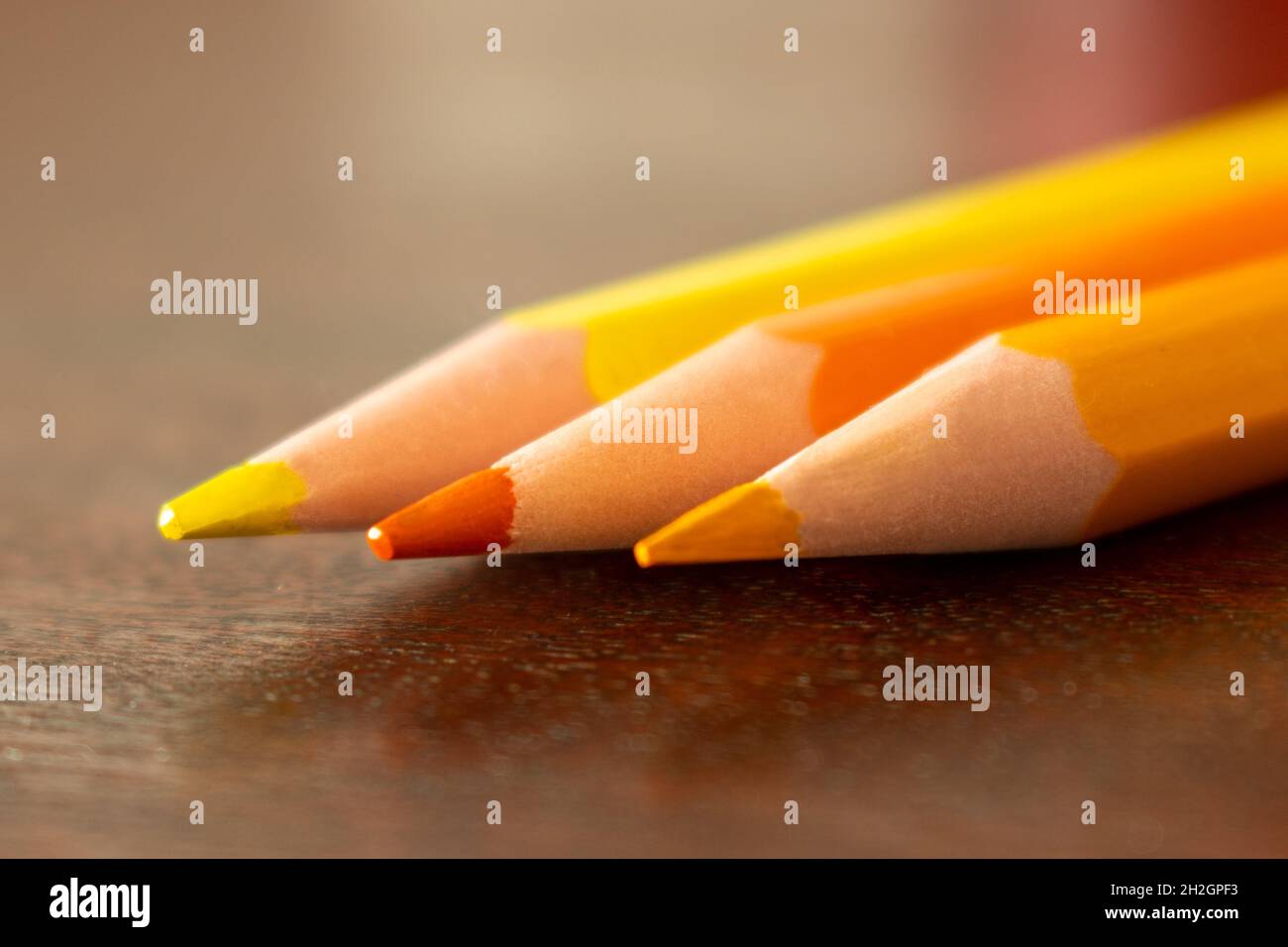 Nahaufnahme der Spitzen von drei Farbstiften in warmen Farbtönen auf einem Holzschreibtisch mit selektivem Fokus. Makrofotografie von gelben und orangefarbenen Bleistiften Stockfoto