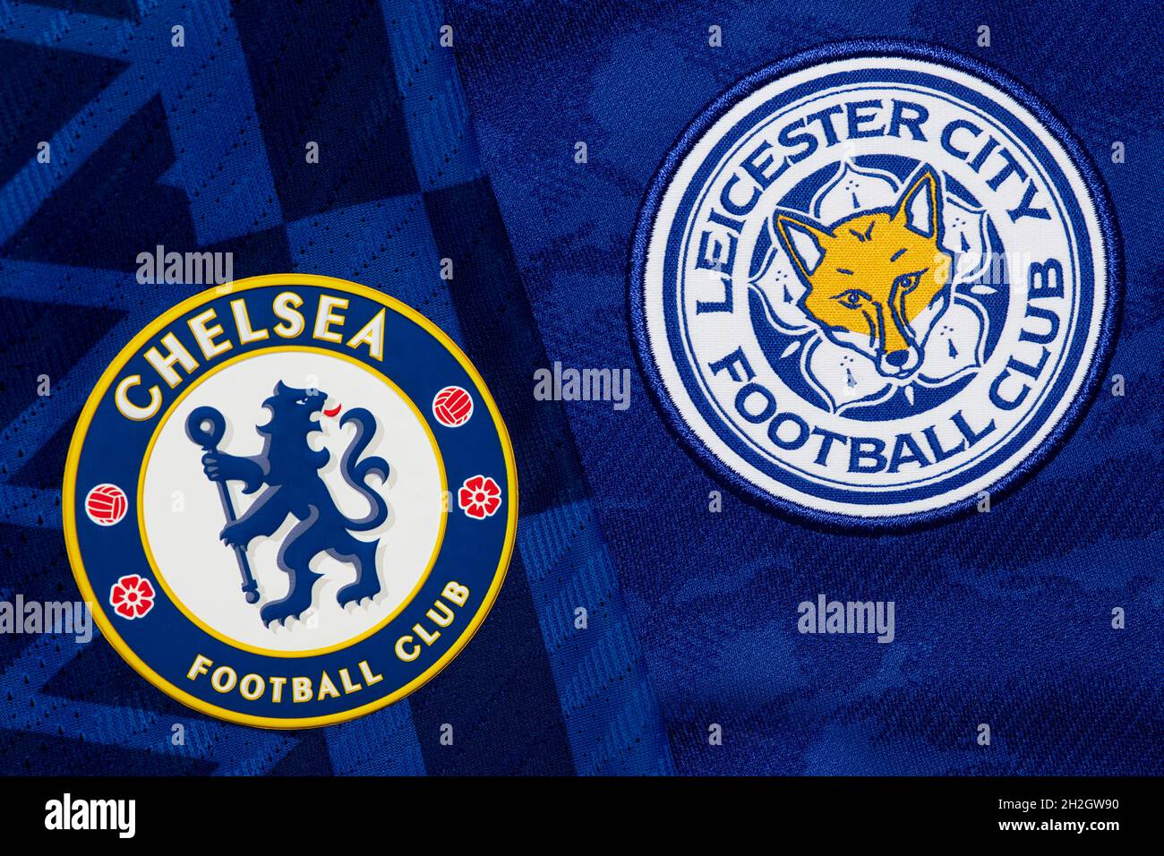 Nahaufnahme des Leicester City & Chelsea Club Wappen. Stockfoto