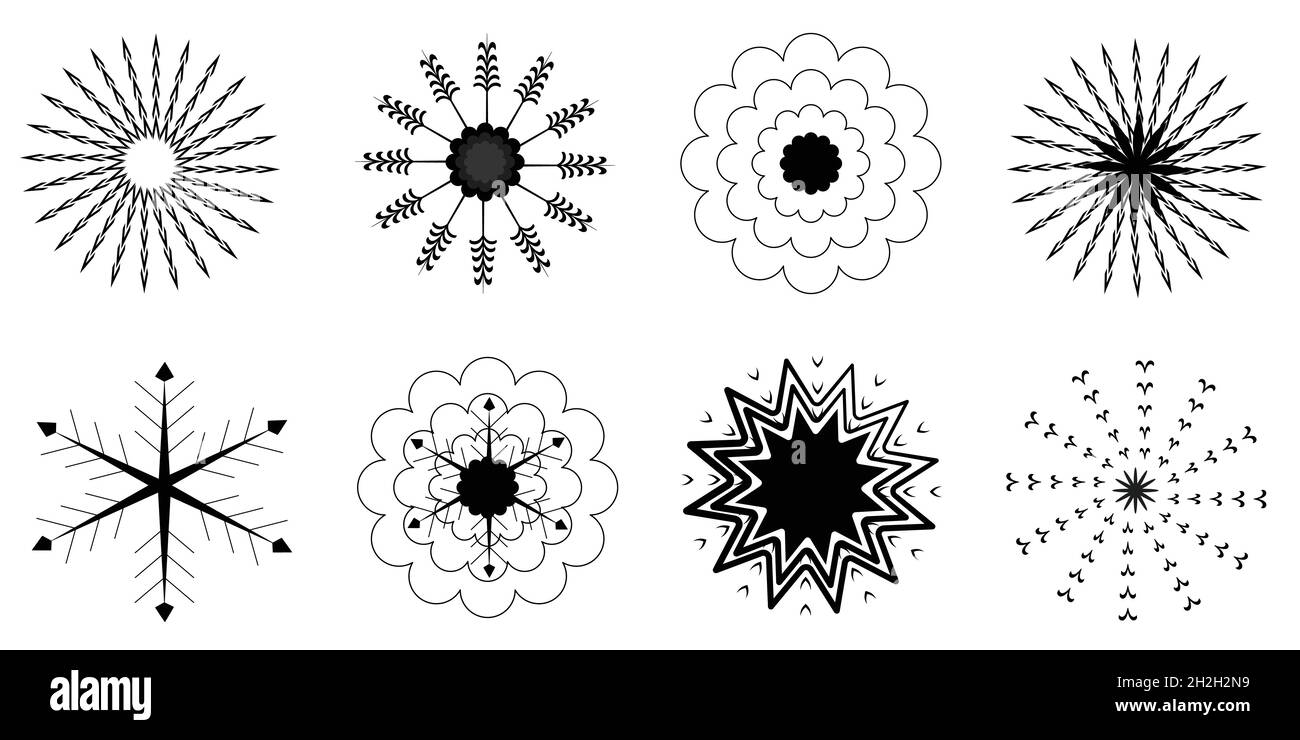Satz von Symbolen Objekte Sterne Schnee Schneeflocken Element Dekoration Ornament abstrakte Hintergründe Tapete Muster nahtlose Vektor Illustration Stock Vektor