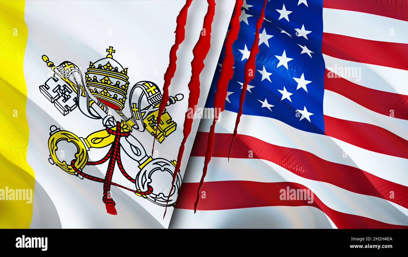 Fahnen des Vatikans und der USA mit Narbenkonzept. Winkende Flagge, 3D-Rendering. Konfliktkonzept USA und Vatikan. Vatikan USA Beziehungen Konzept. Flagge des Vatikans an Stockfoto
