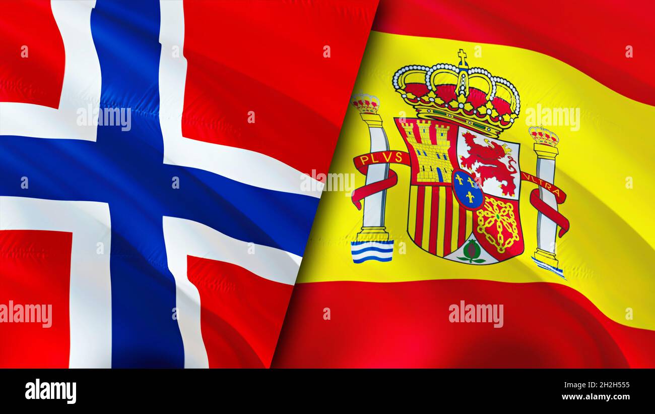Norwegen und Spanien Flaggen. 3D-Design mit winkender Flagge. Norwegen Spanien Flagge, Bild, Tapete. Bild Norwegen vs. Spanien, 3D-Rendering. Norwegen Spanien Beziehungen allia Stockfoto
