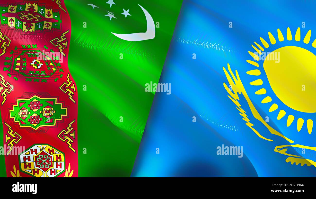 Turkmenistan und Kasachstan Flaggen. 3D-Design mit winkender Flagge.  Turkmenistan Kasachstan Flagge, Bild, Tapete. Turkmenistan vs Kasachstan  Bild, 3D-Rendering Stockfotografie - Alamy