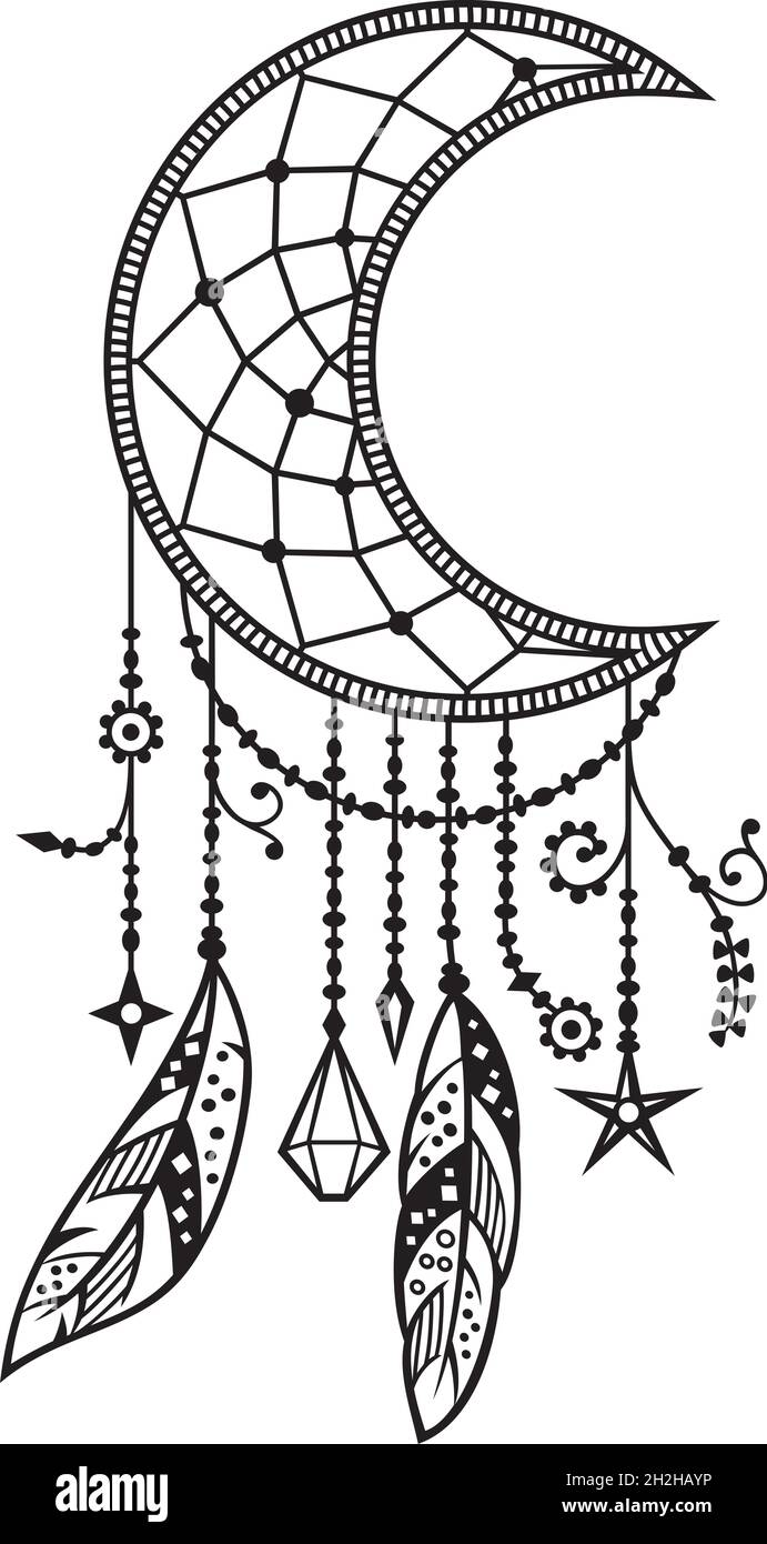 Mandala Mond mit Federn. Vektorgrafik „Dreamcatcher“. Stock Vektor