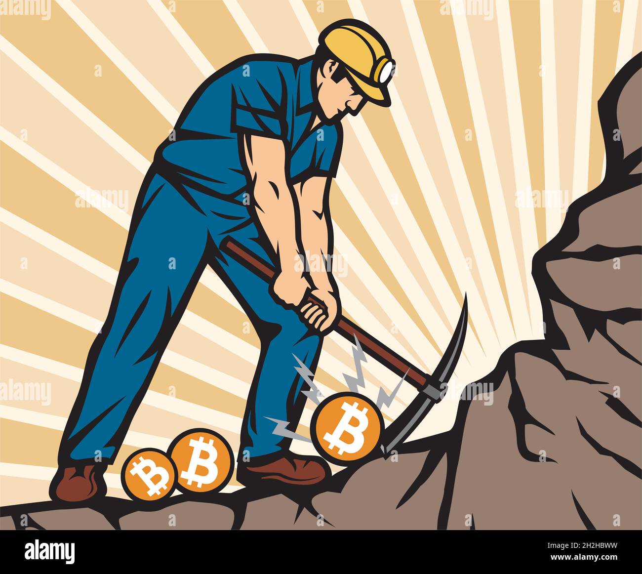 Coal Miner mit Pick Axe Mining Bitcoin Münzen Vektorgrafik Stock Vektor