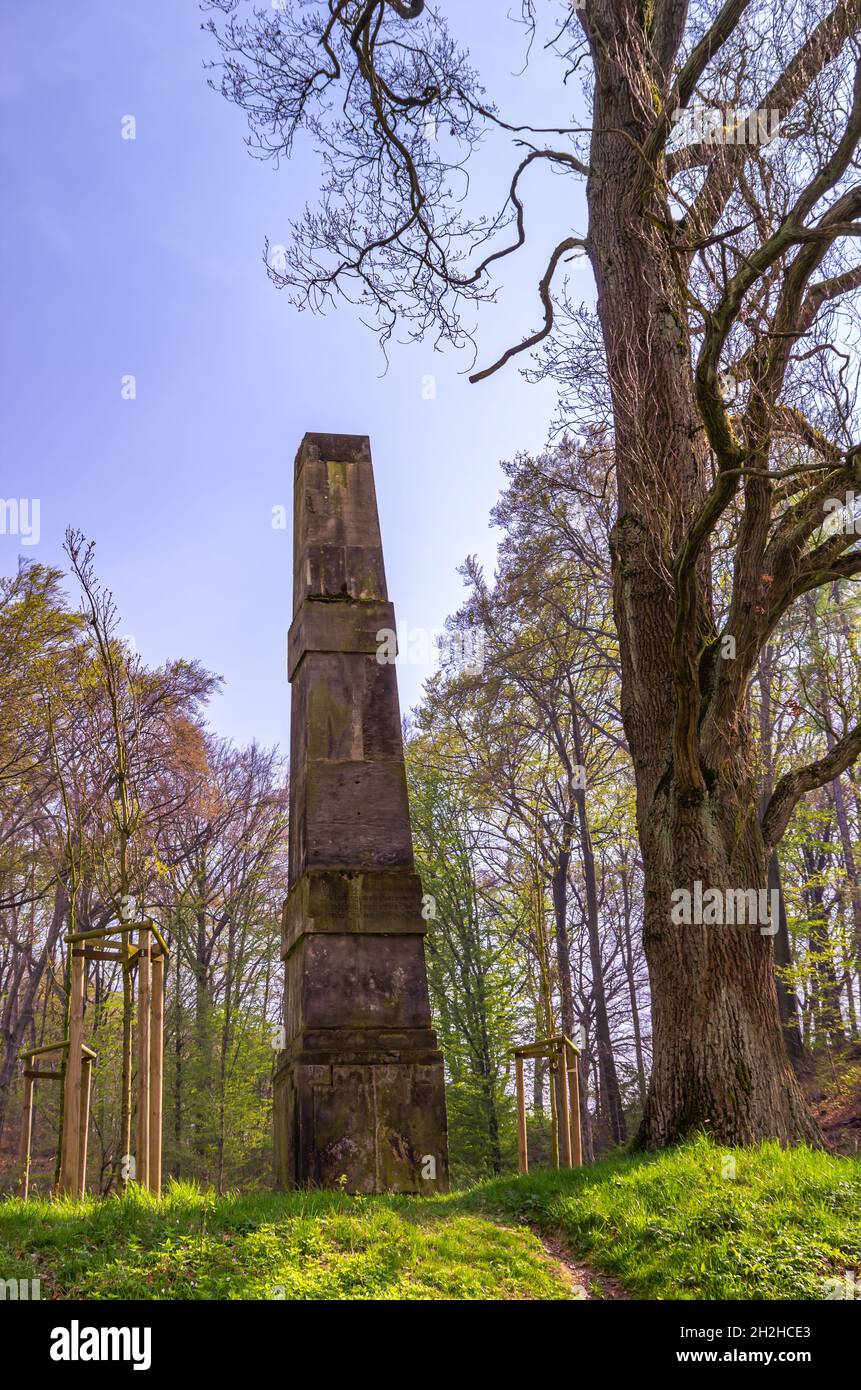 Seifersdorfer Tal, Wachau, Sachsen, Deutschland: Obelisk im Park des Seifersdorfer Tals, einem der ältesten deutschen Landschaftsparks. Stockfoto