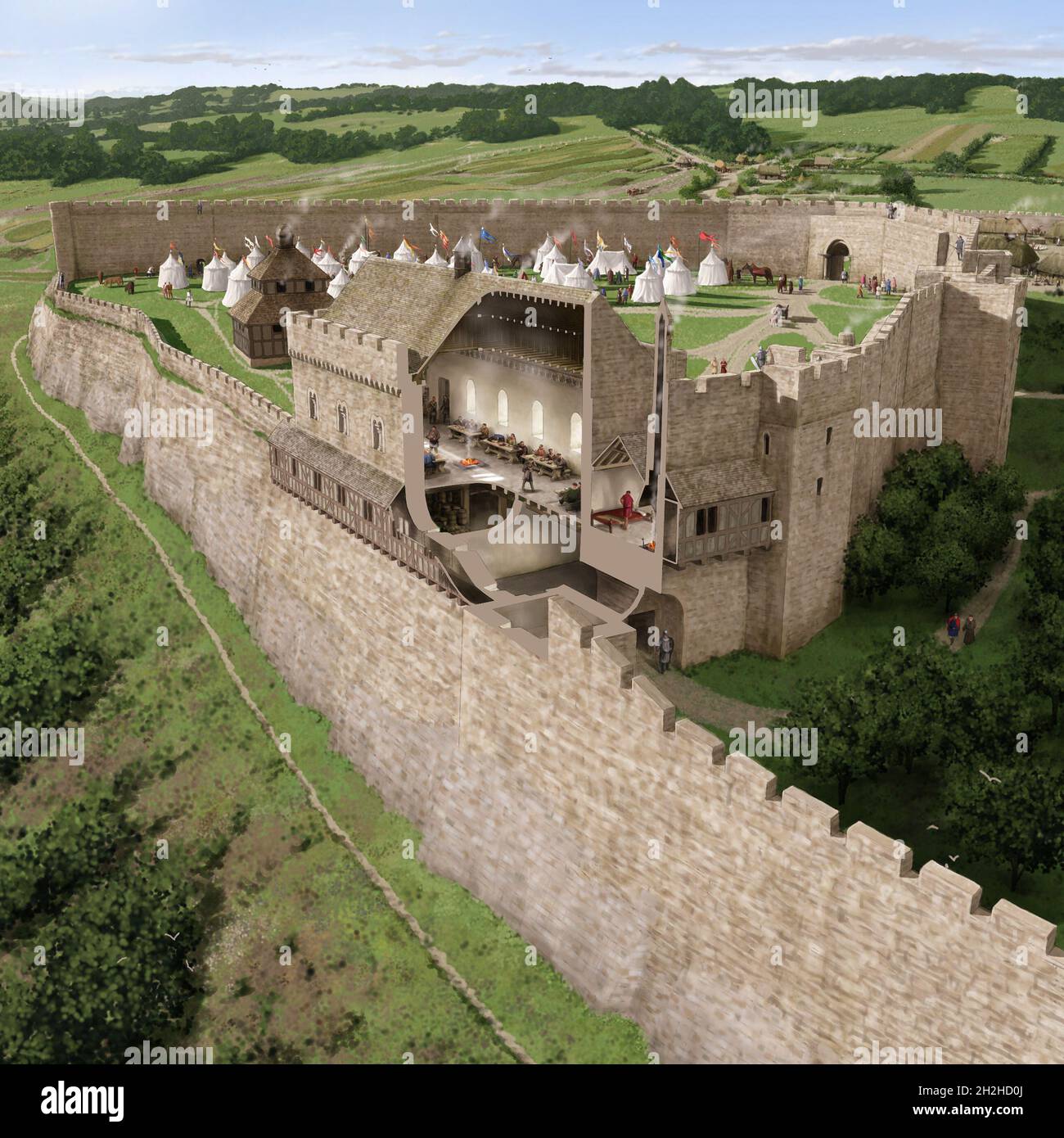 Richmond Castle, Richmond, Richmondshire, North Yorkshire, 2016. Eine Rekonstruktionszeichnung der Scolland's Hall in Richmond Castle, wie sie in der Mitte des 20. Jahrhunderts ausgesehen haben könnte, mit einem abgetrennten Teil der Halle. Das Bild befindet sich auf Seite 8 des Richmond Castle Guidebook, das 2016 veröffentlicht wurde. Stockfoto