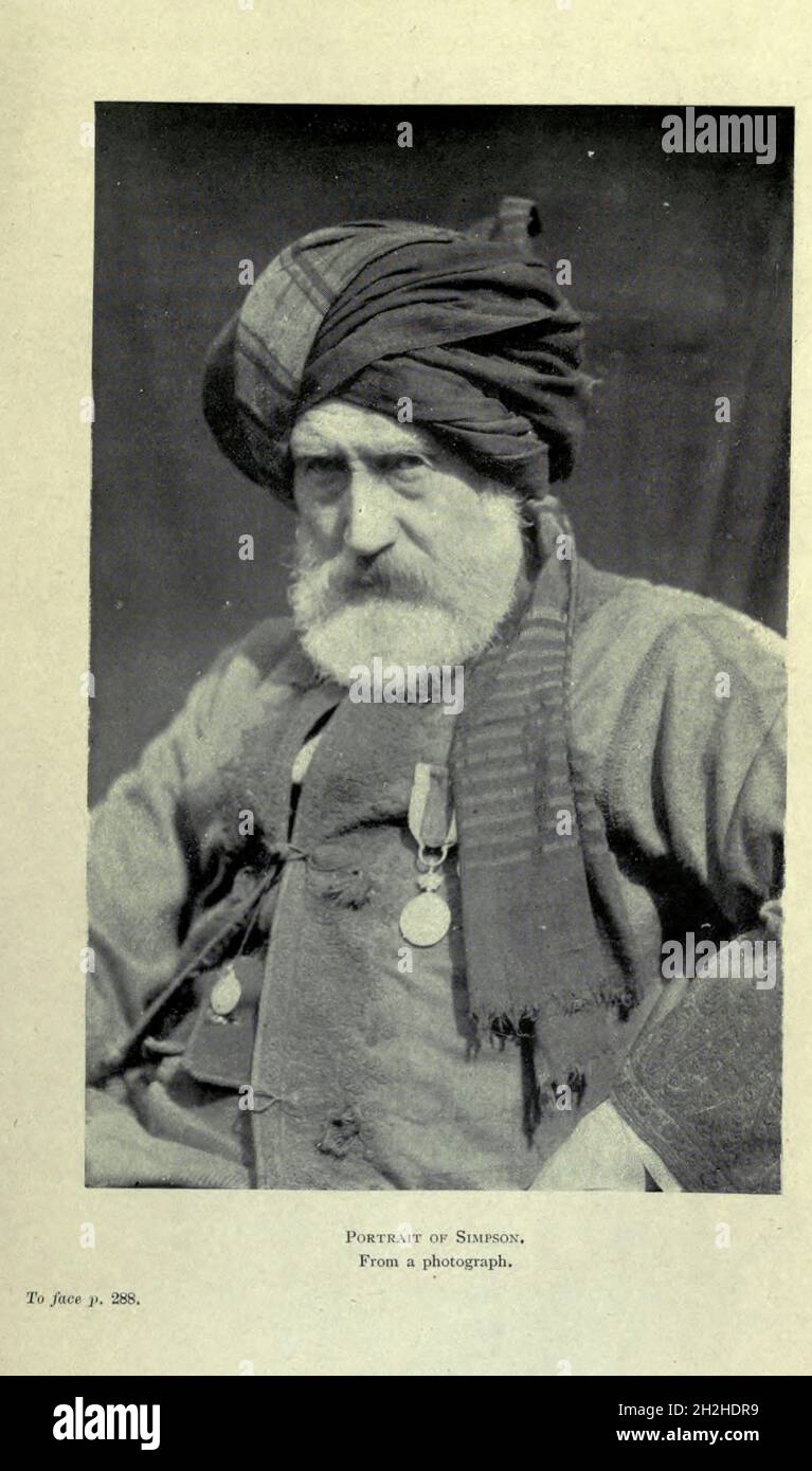 Porträt von William Simpson aus dem Buch „die Autobiographie von William Simpson, R. I. (Crimean Simpson)“ von Simpson, William, 1823-1899; Eyre-Todd, George, 1862-1937 Veröffentlicht in London von T. F. Unwin im Jahr 1903. William Simpson war ein schottischer Künstler, Kriegskünstler und Kriegskorrespondent. Stockfoto