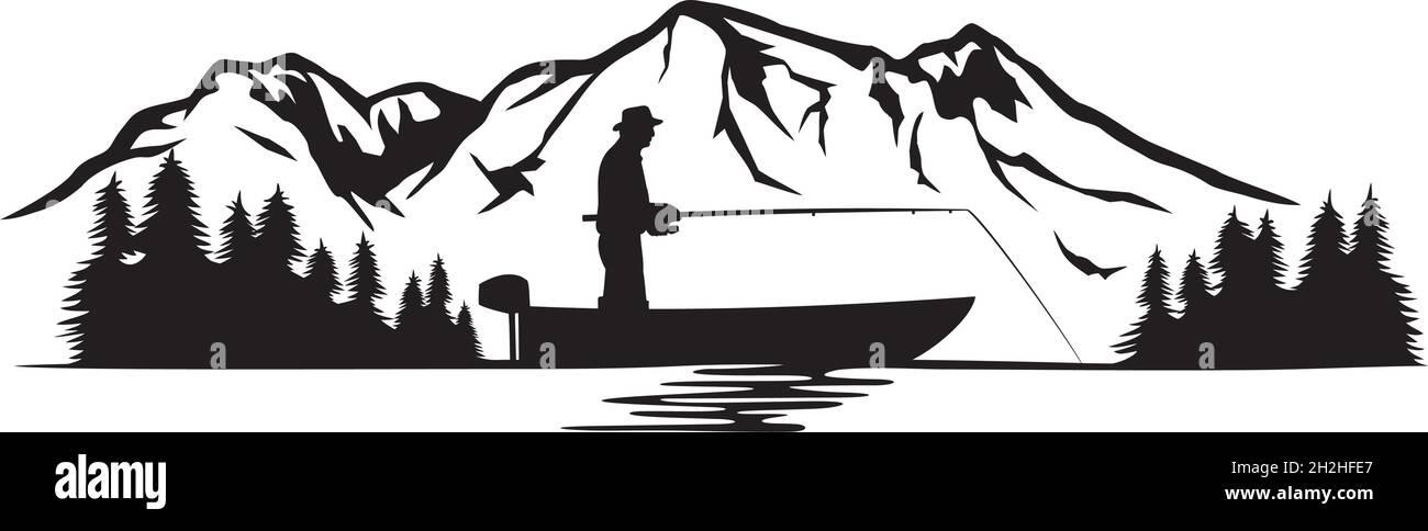 Fischer in einem Boot und Berglandschaft Vektor illustratin Stock Vektor